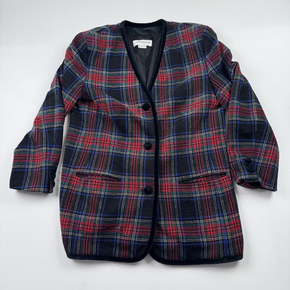 Vintage Liz Claiborne Blazer Womens 14 Black Red Plaid Wool Velvet Trim 90s